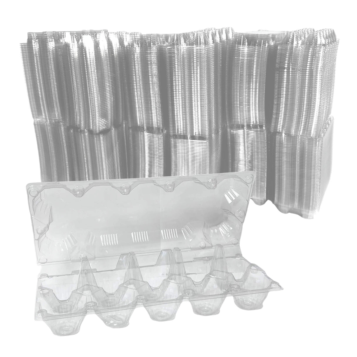 Clear plastic egg trays stacked on a white background