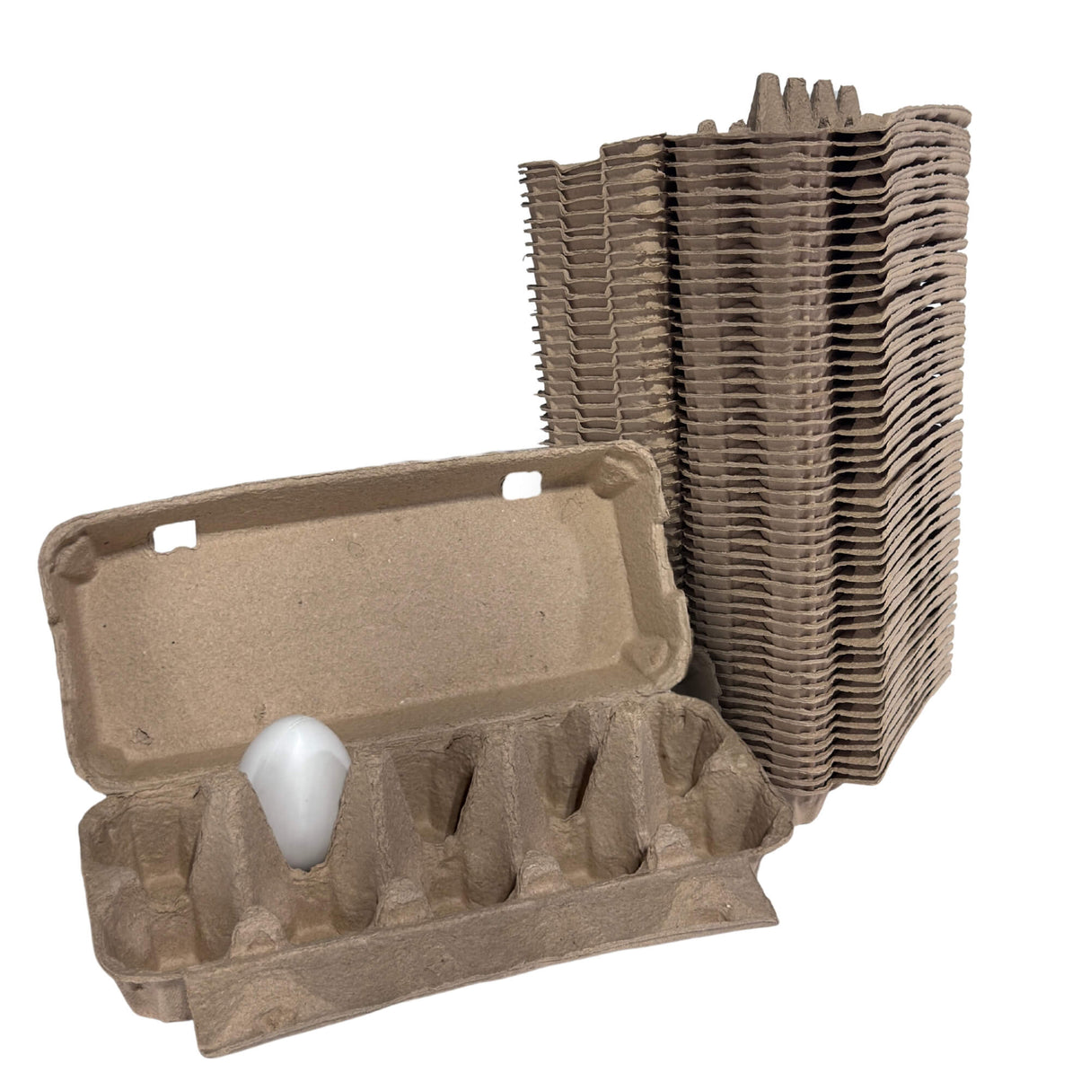 Stack of cardboard egg cartons with a single white egg on a white background