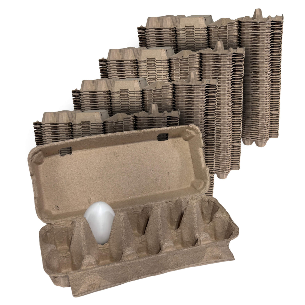 Stacks of cardboard egg cartons with an open one containing a white egg on a white background
