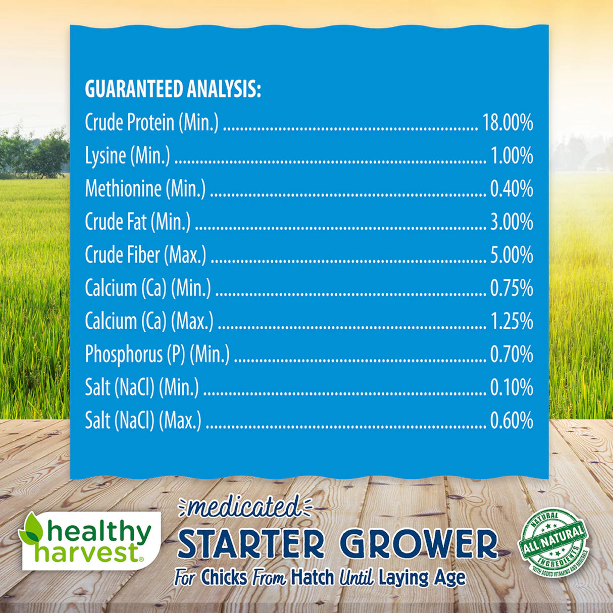 Hatching Time Healthy Harvest. Medicated Starter grower. Nutritional information can be seen in image. Shows 18% crude protein content.