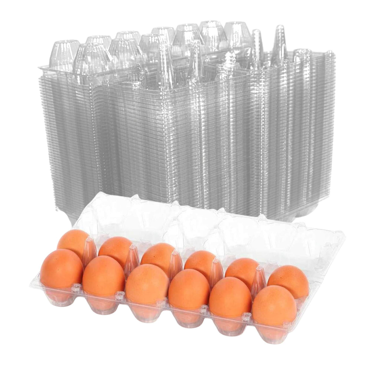 brown eggs in egg carton in front of stack of egg cartons