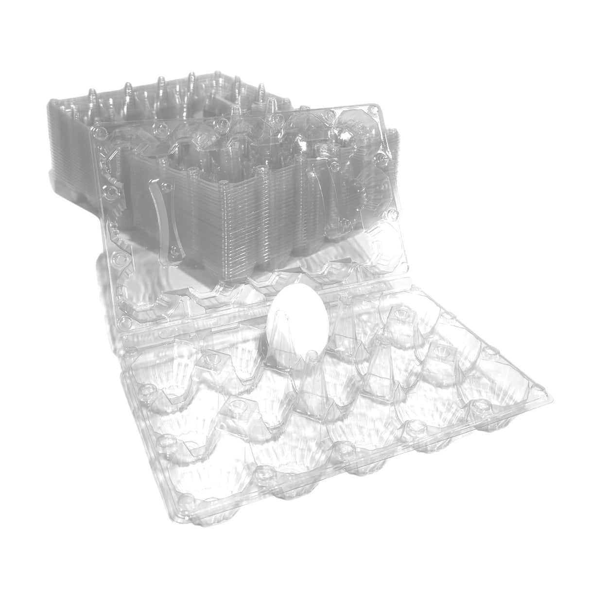 Clear plastic egg carton with eggs on a white background