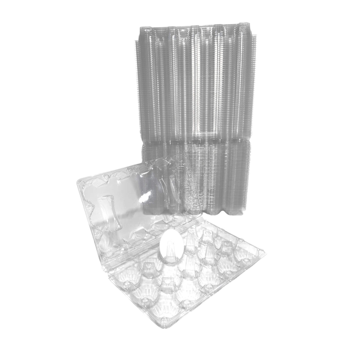 Clear plastic packaging including bags, boxes, and trays on a white background