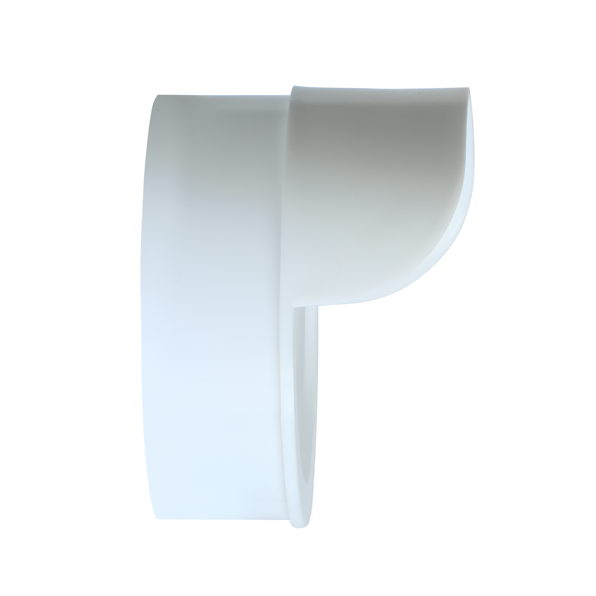 Side view of white rain hood attachment for chicken feeder port, designed to shield feed from rain and moisture.