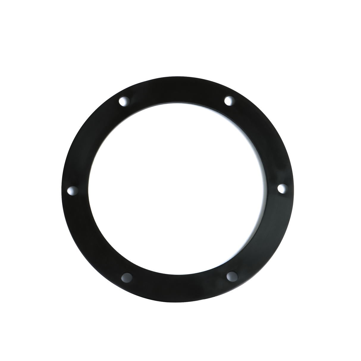 Black round rubber gasket with screw holes, used for sealing chicken feeder port installation.