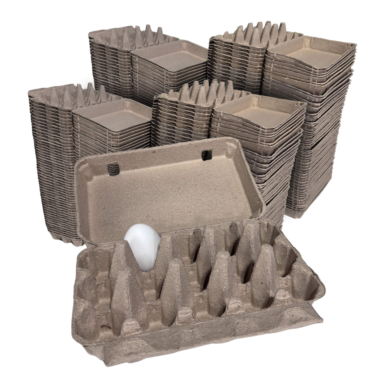 Stacks of brown egg cartons with a single white egg on a white background