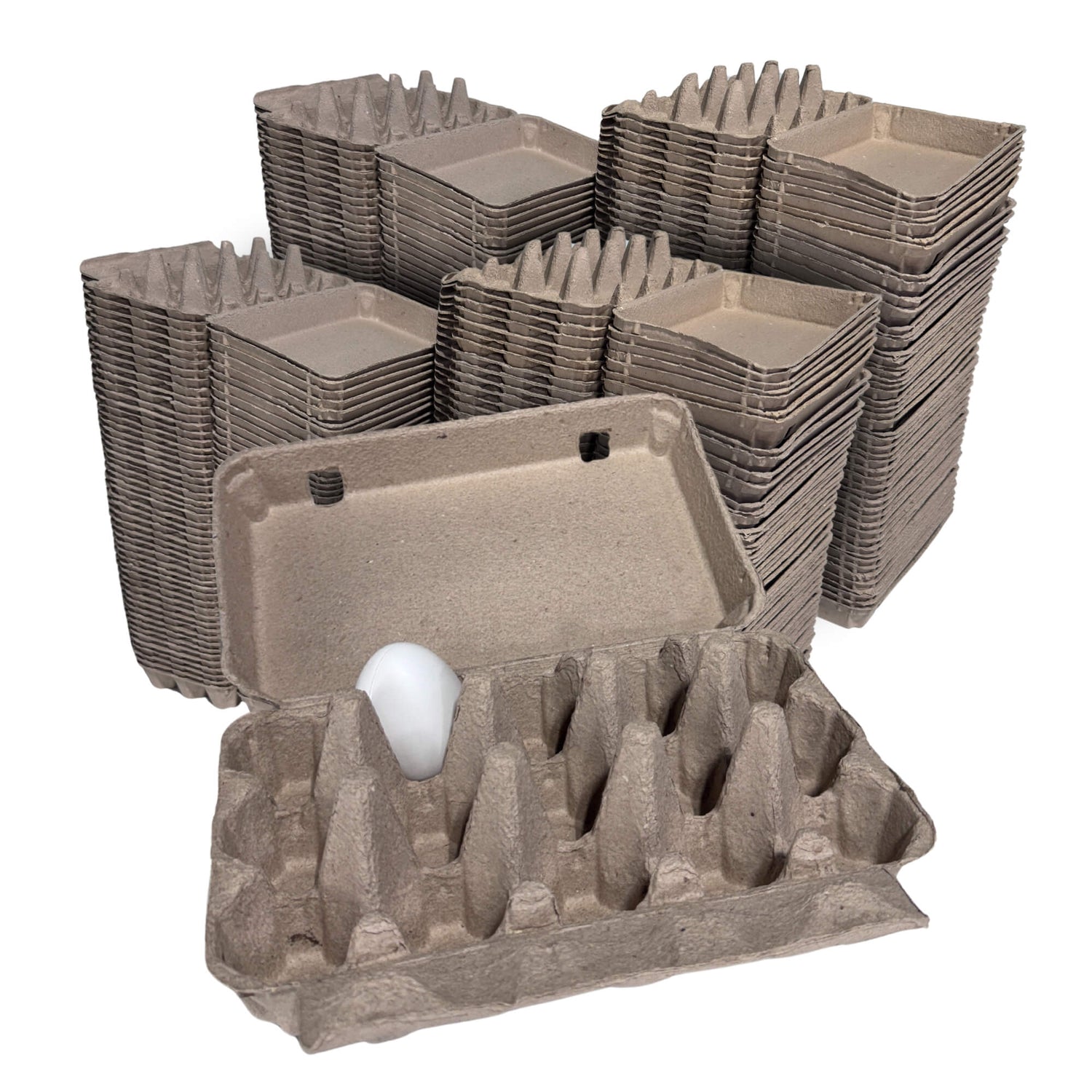 Stacks of brown egg cartons with a single white egg on a white background