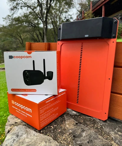 Hatching Time Coop Cam.Boxes for cameras and coop door can be seen in image.