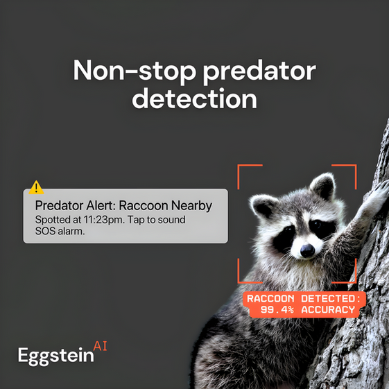 Hatching Time Smart Coop. Predator protection is shown in image depicted by a climbing raccoon.