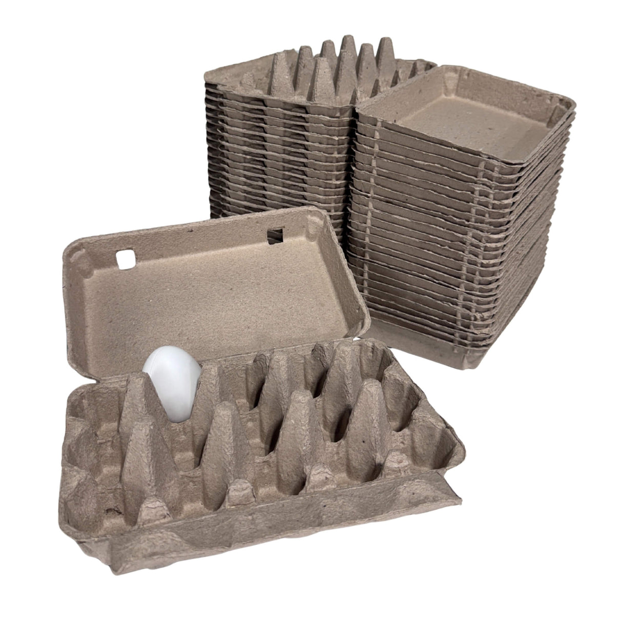 Stack of cardboard egg trays with a single tray open showing an egg inside on a white background