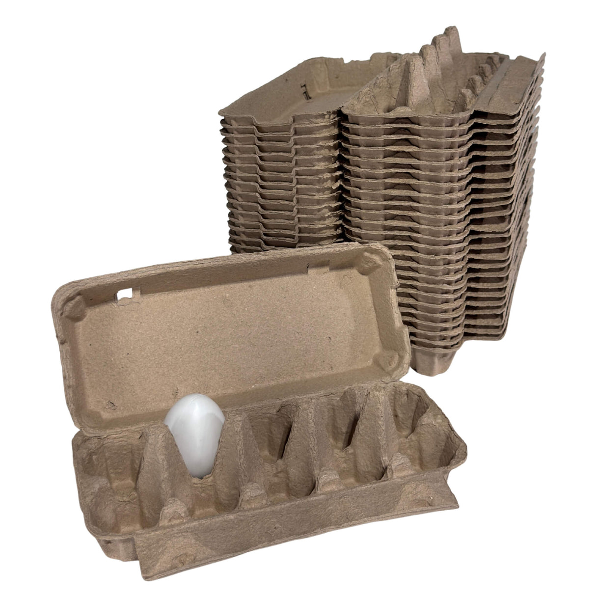 Stack of cardboard egg crates with a single white egg on a white background