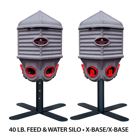 Hatching Time Coopworx. 40lb Feed Silo and 8 Gallon Drinker silo can be seen in image on x base side by side.