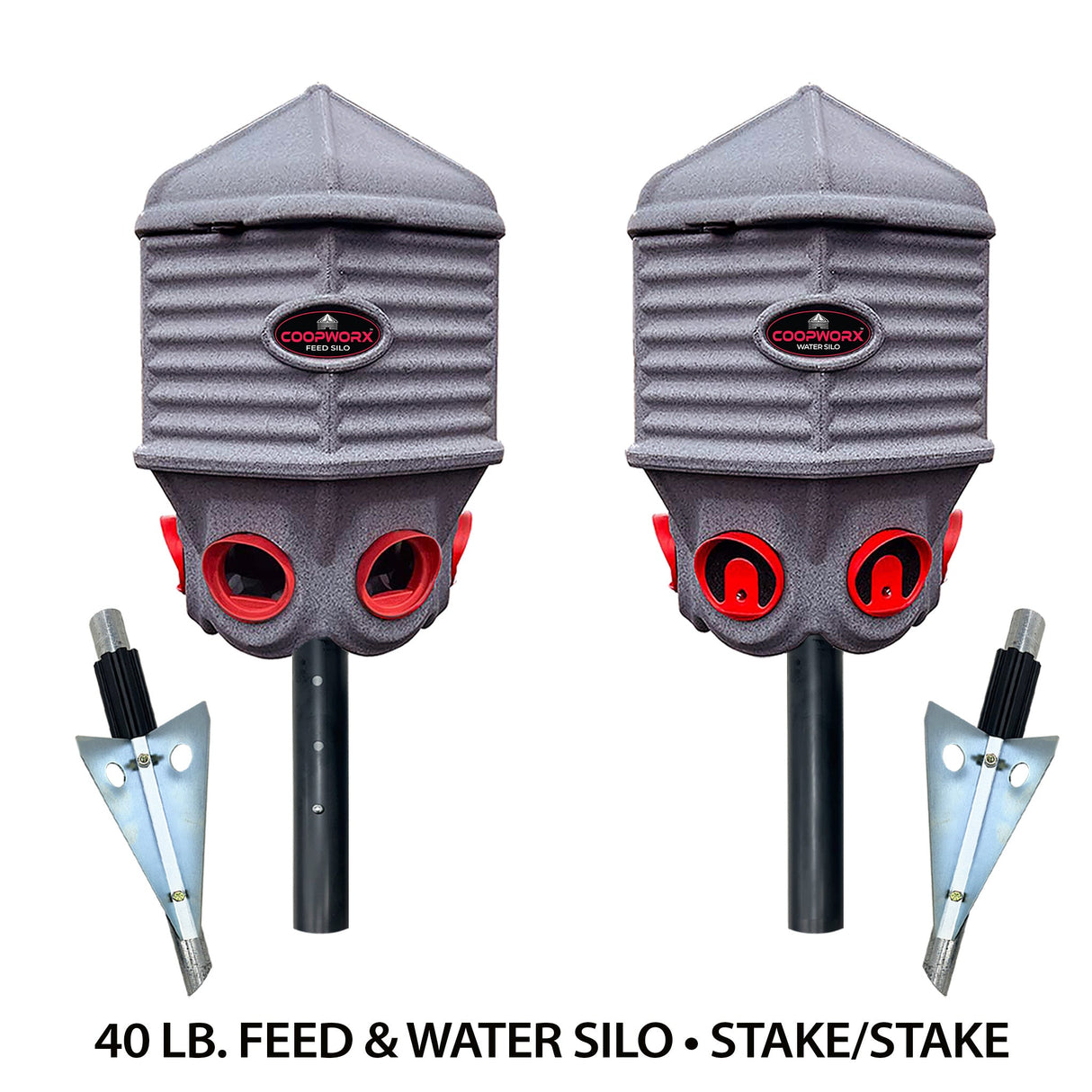 Hatching Time Coopworx. 40 Lb feed sile and 8 Gallon drinker silo are seen side by side next to Stake accessories for in ground mounting.