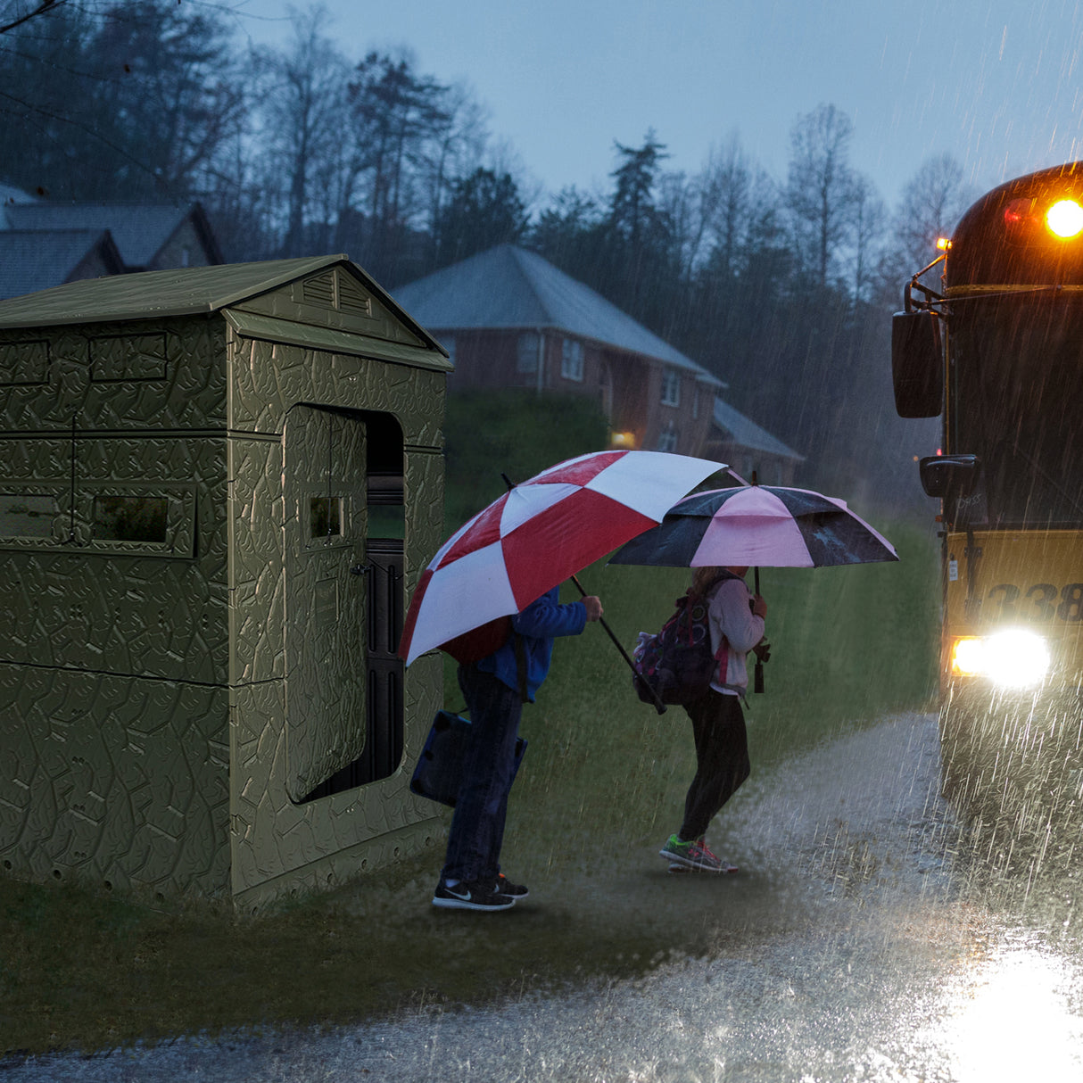 Handy hut , raining with school bus