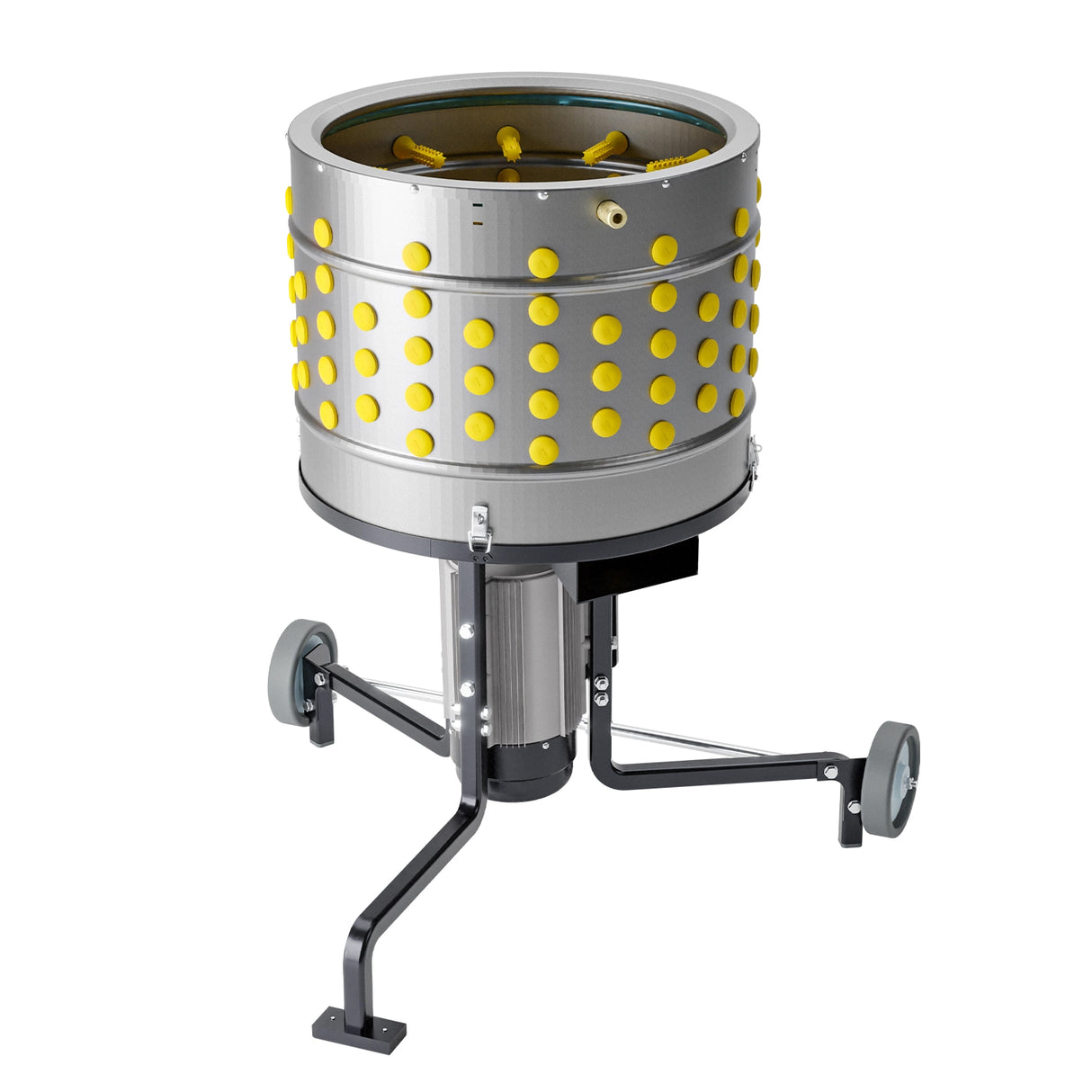 Side view Stainless steel chicken plucker with 50 cm drum, yellow ProA rubber fingers, and sturdy wheeled stand for poultry processing.