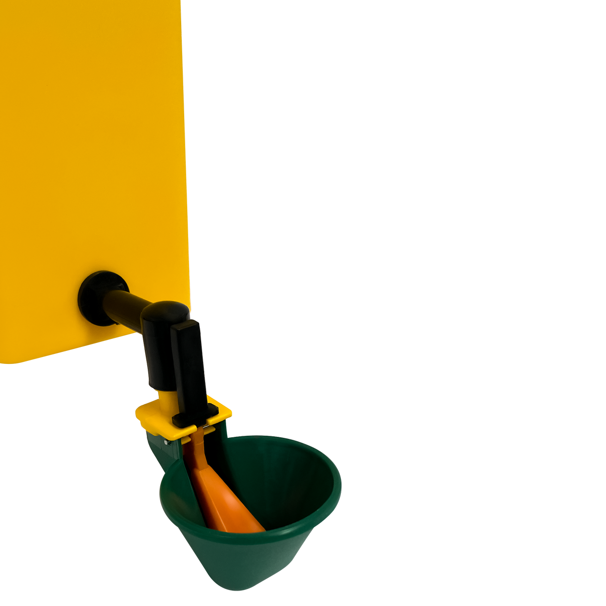 Close-up of 1L poultry drinker auto-fill cup with float valve attached to yellow water container.