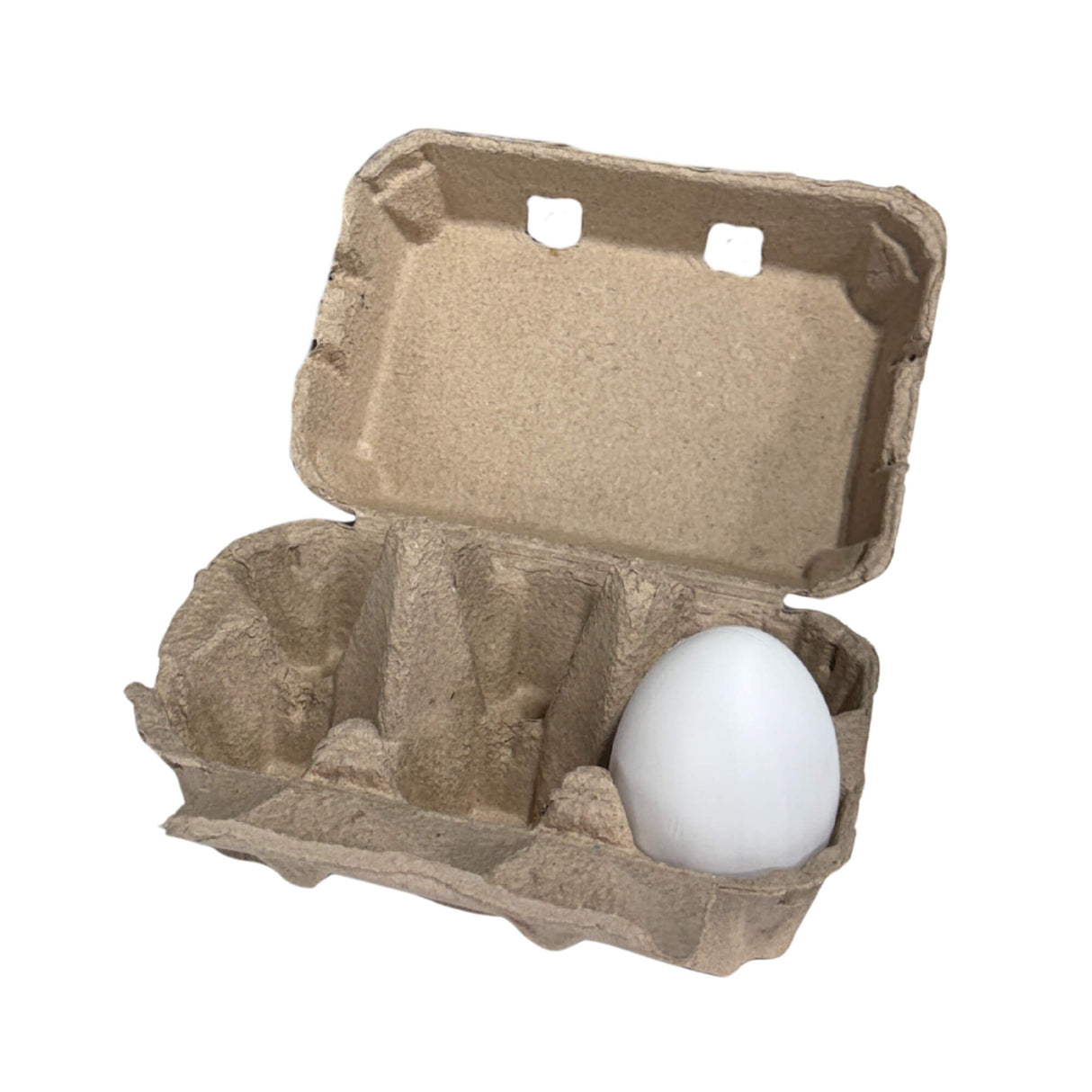 Cardboard egg carton with a single white egg on a white background