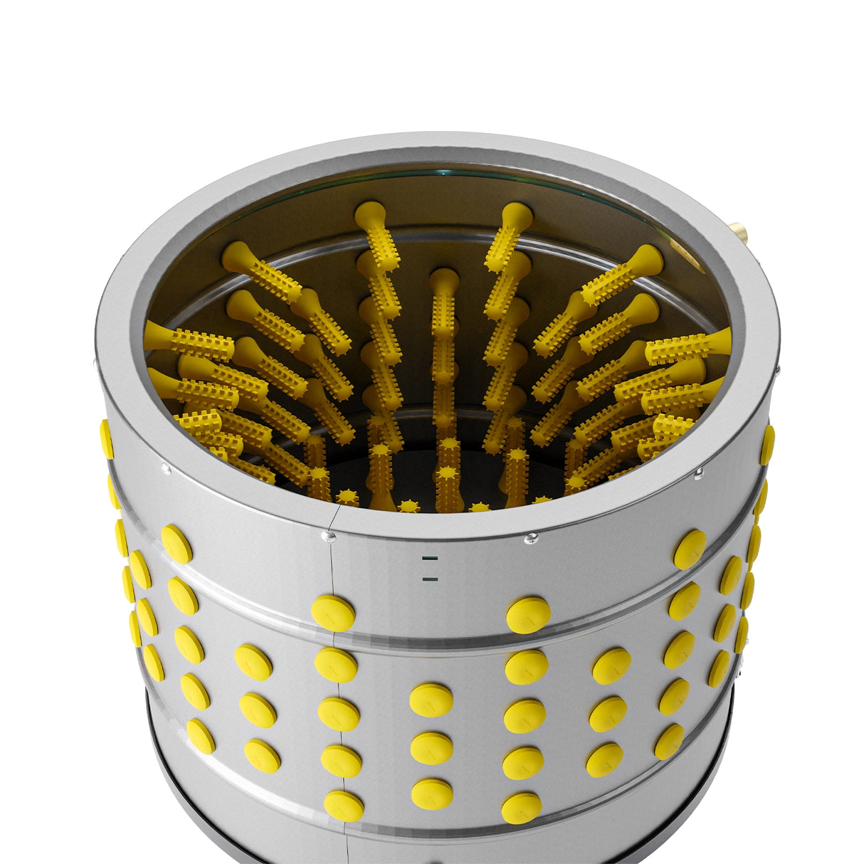 Inside view of stainless steel chicken plucker drum with ProA natural rubber fingers for efficient feather removal.