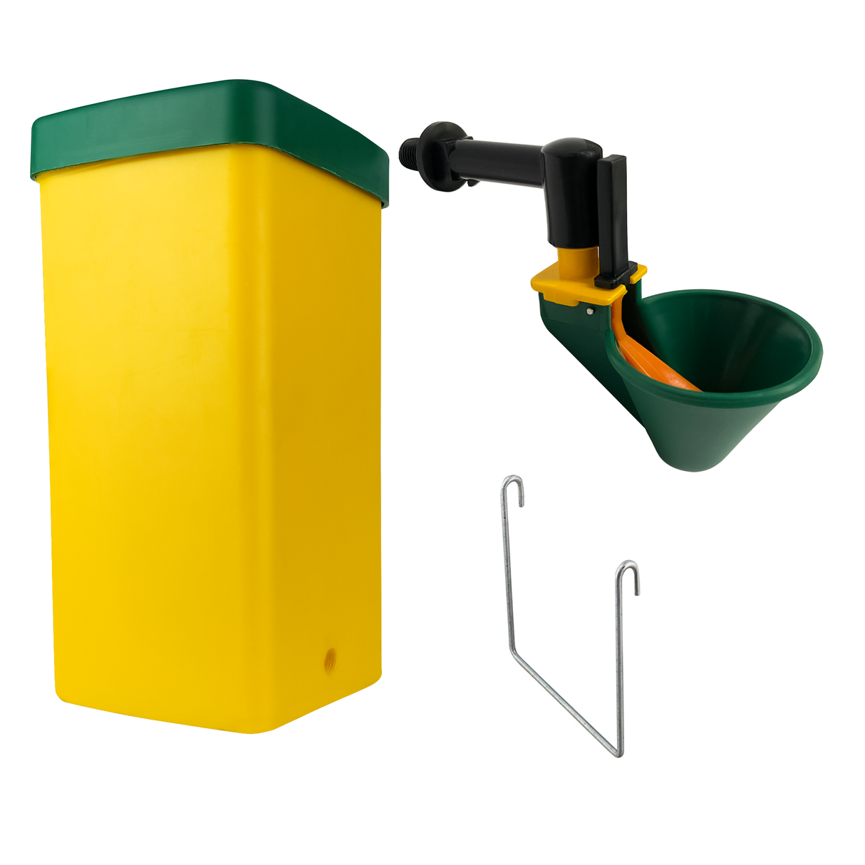 1L poultry drinker with green lid, auto-fill float cup, and included wall-mount bracket – close-up product view.