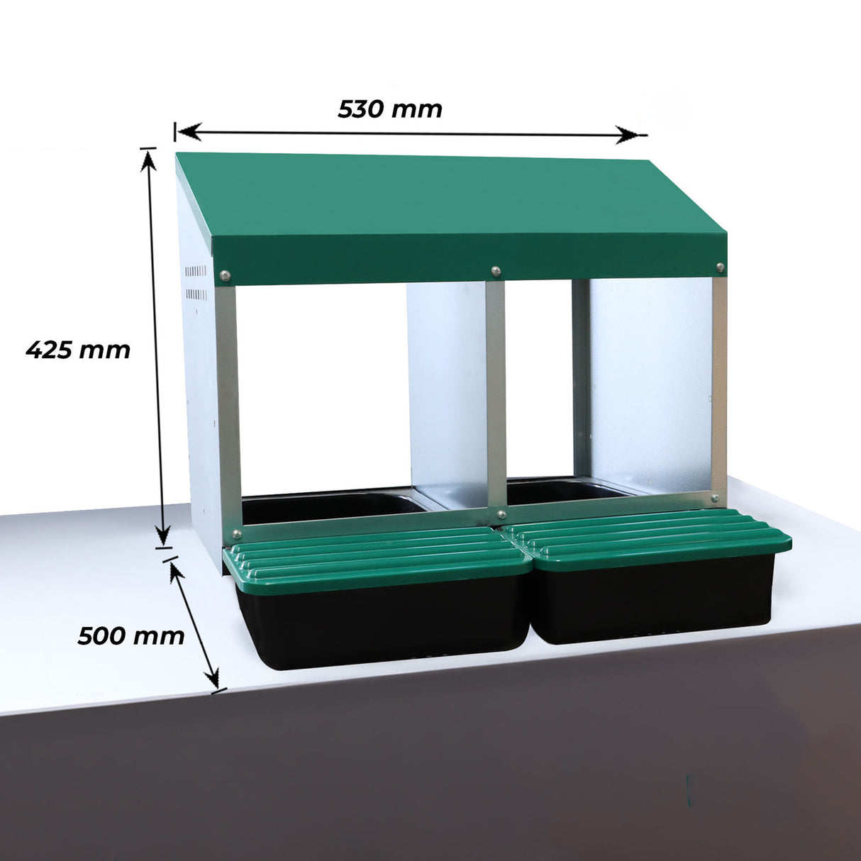 EggHouse galvanized 2-bay nesting box with roll-out trays showing dimensions 530 mm wide, 425 mm high, and 500 mm deep for up to 20 hens