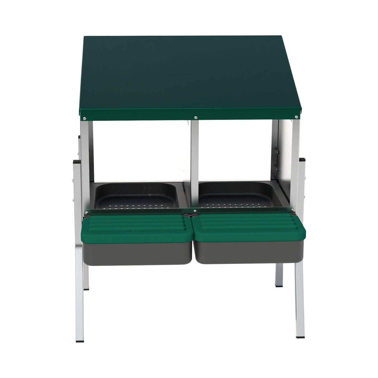EggHouse galvanized 2-bay nesting box with green roll-out trays and galvanized legs for freestanding installation in chicken coop