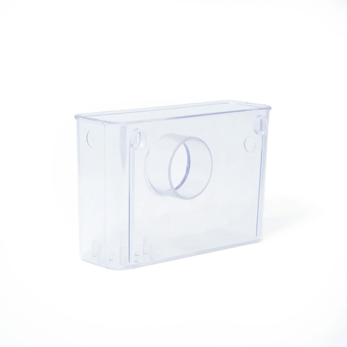 A clear plastic rectangular container with a circular cutout on the front, shown on a plain white background.