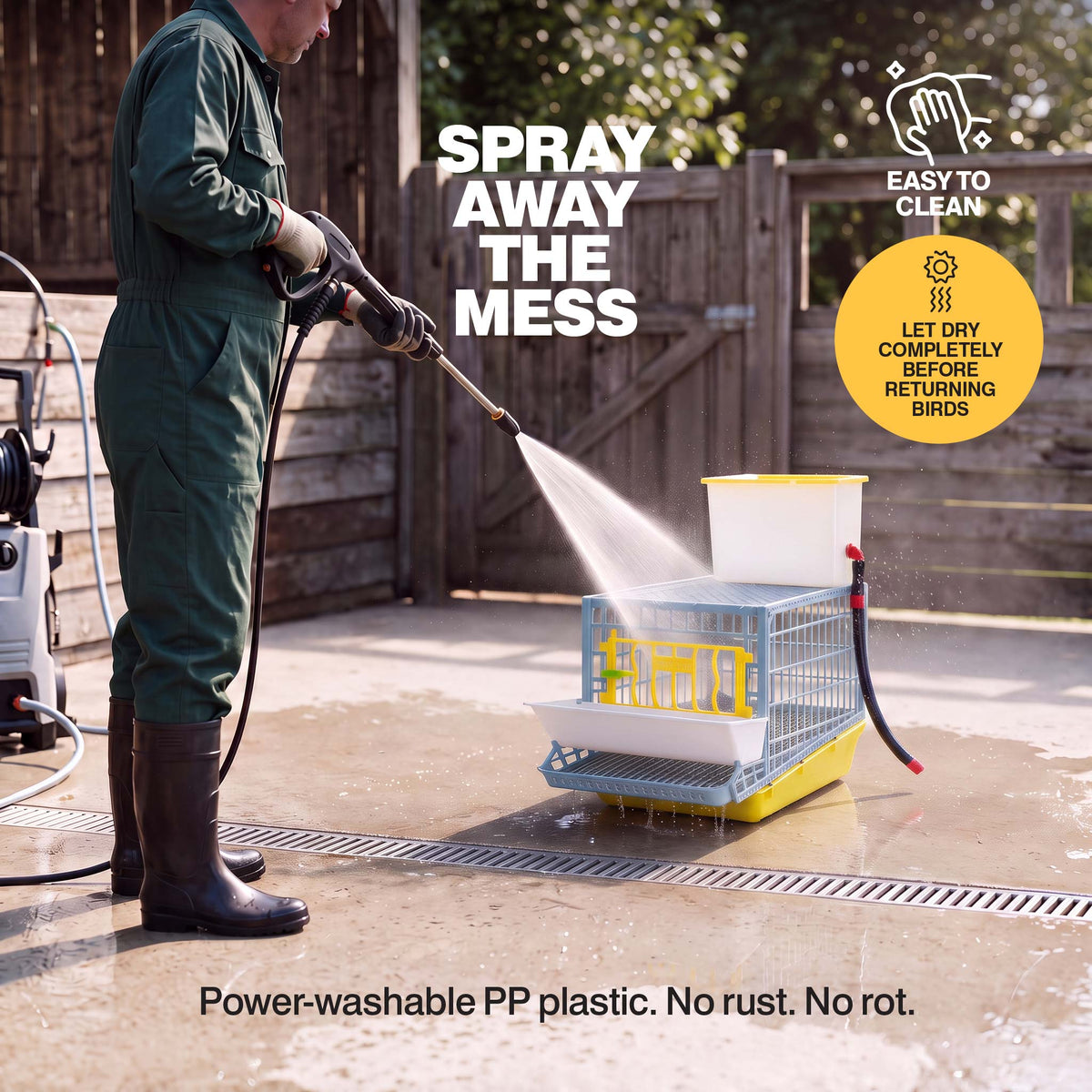 Person power washing a Cimuka by Hatching Time plastic quail cage, with instructions to dry completely before returning birds