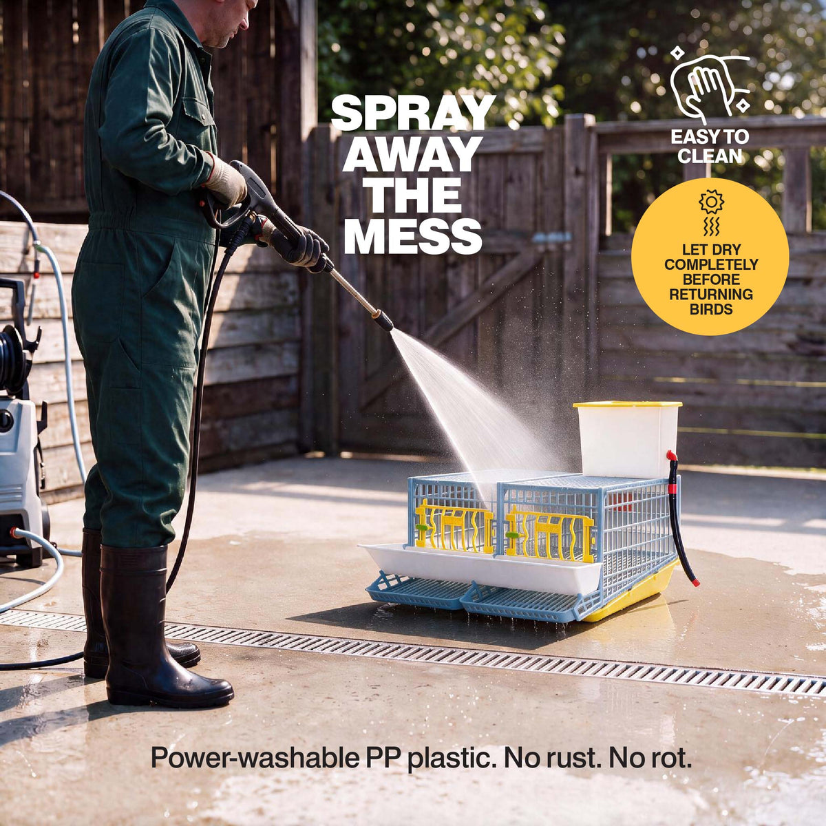 Person power washing a Cimuka by Hatching Time plastic quail cage, with instructions to dry completely before returning birds