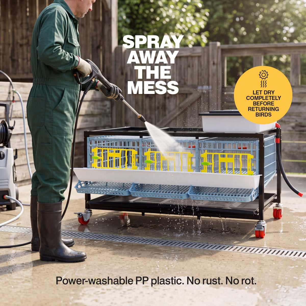 Person power washing the plastic 1-layer quail breeding cage for easy cleaning