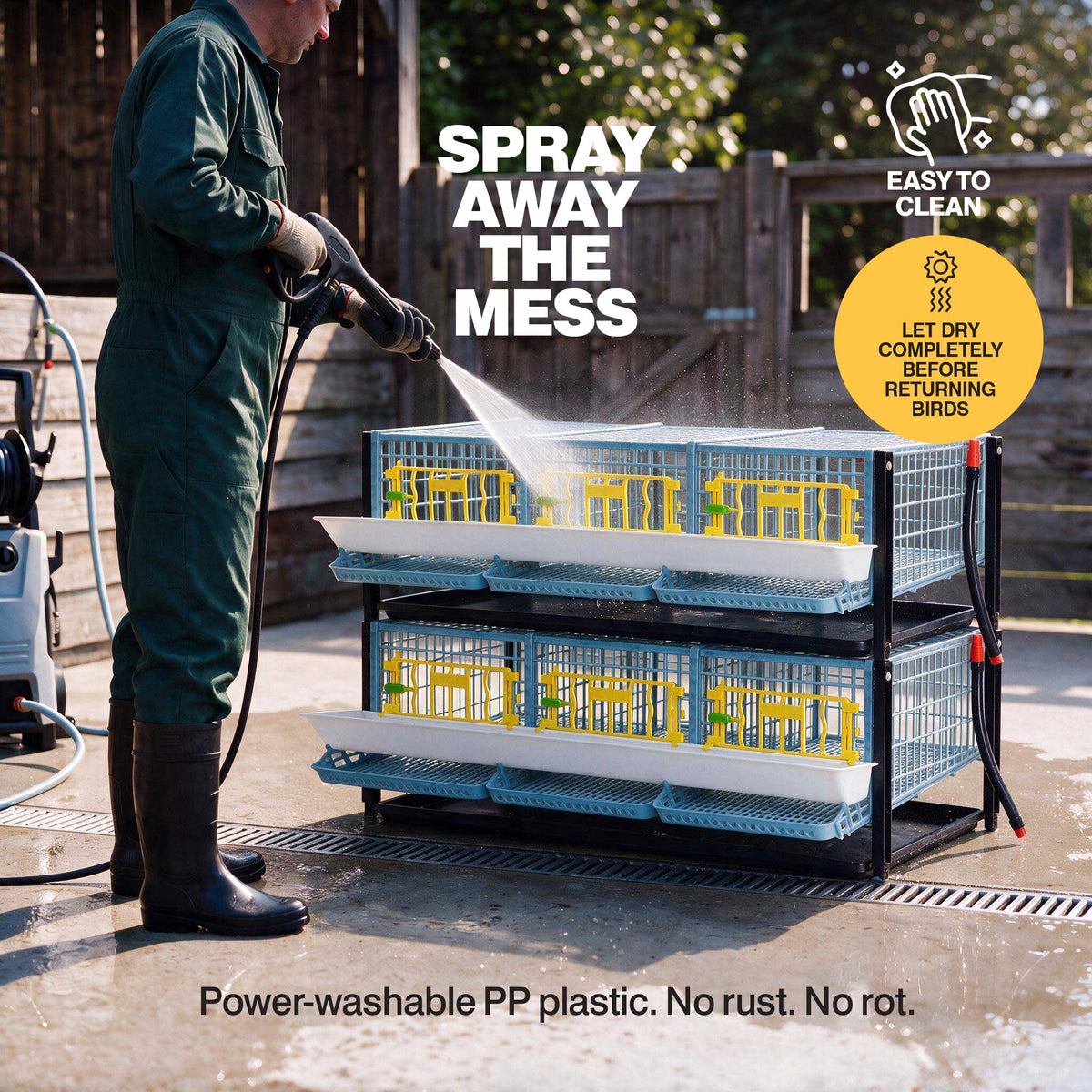 Person power washing a Cimuka by Hatching Time double layer quail cage addition, with instructions to dry before returning birds
