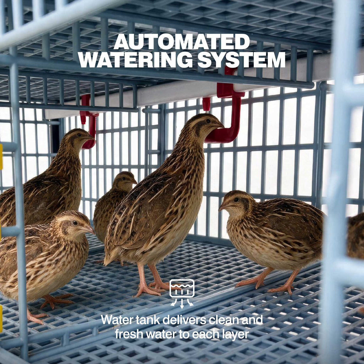 Quail drinking from red cups connected to the automatic watering system inside a Cimuka by Hatching Time breeding cage