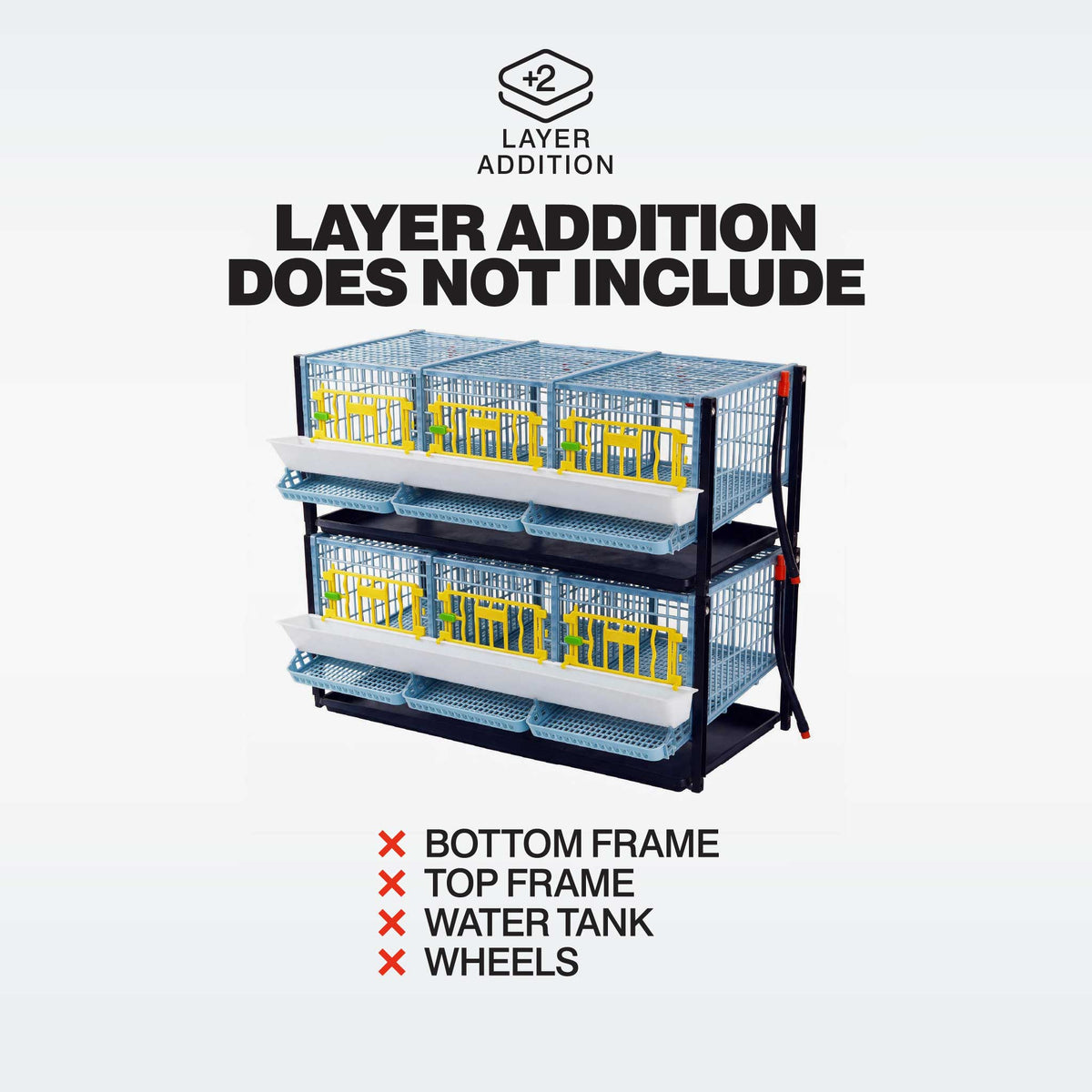 Cimuka quail cage double layer addition graphic listing excluded items: bottom frame, top frame, water tank and wheels