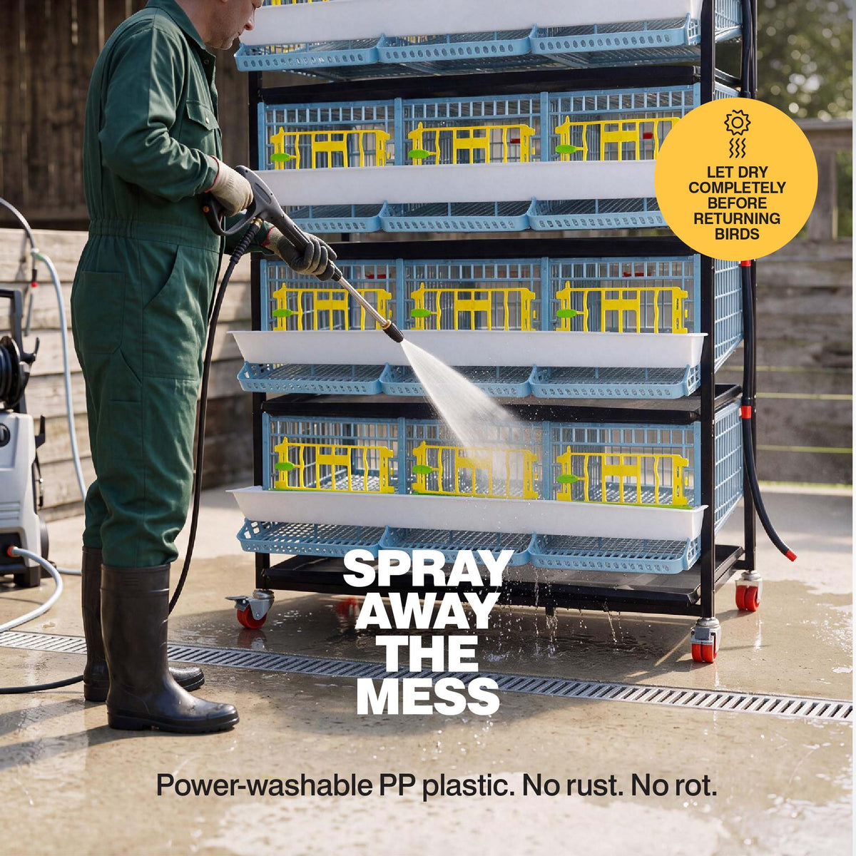 Person power washing the plastic 4-layer quail breeding cage outdoors