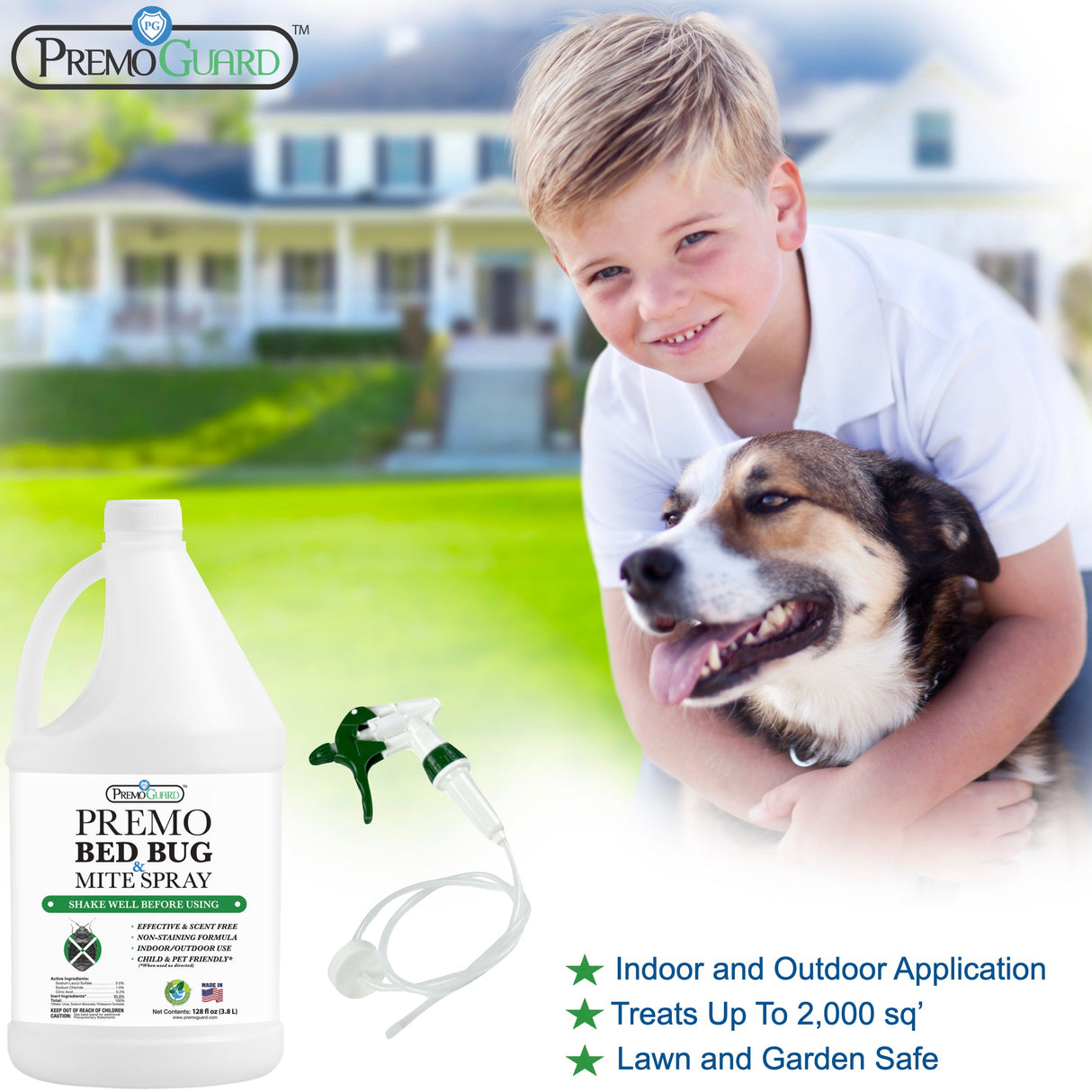 Bed Bug & Mite Killer By Premo Guard - 128 oz with a kid and a dog in the image
