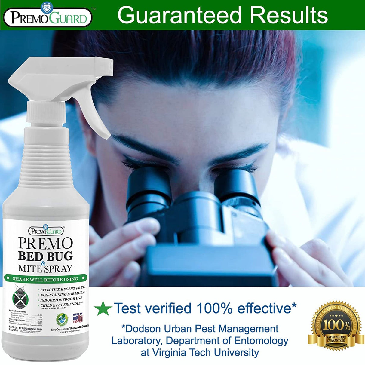 Hatching Time Premo. Bed bug & mite spray botle can be seen in front of scientist, shows was developed by scientists. 100% Guarantee.