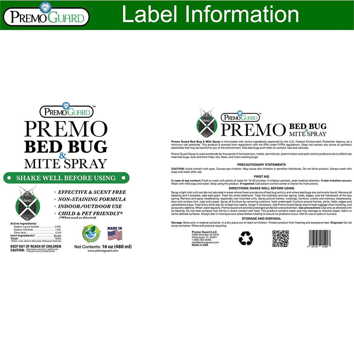 Hatching Time Premo. Bed Bug & Mite spray bottle label.