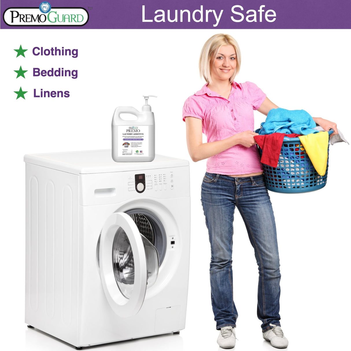 Hatching Time Premo. Laundry additive can be seen on top of washing machine next to a woman holding a basket of laundry.