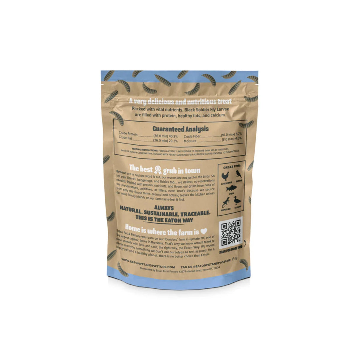 Hatching Time Eaton. Back of Premium Grubs bag shows nutritional values.