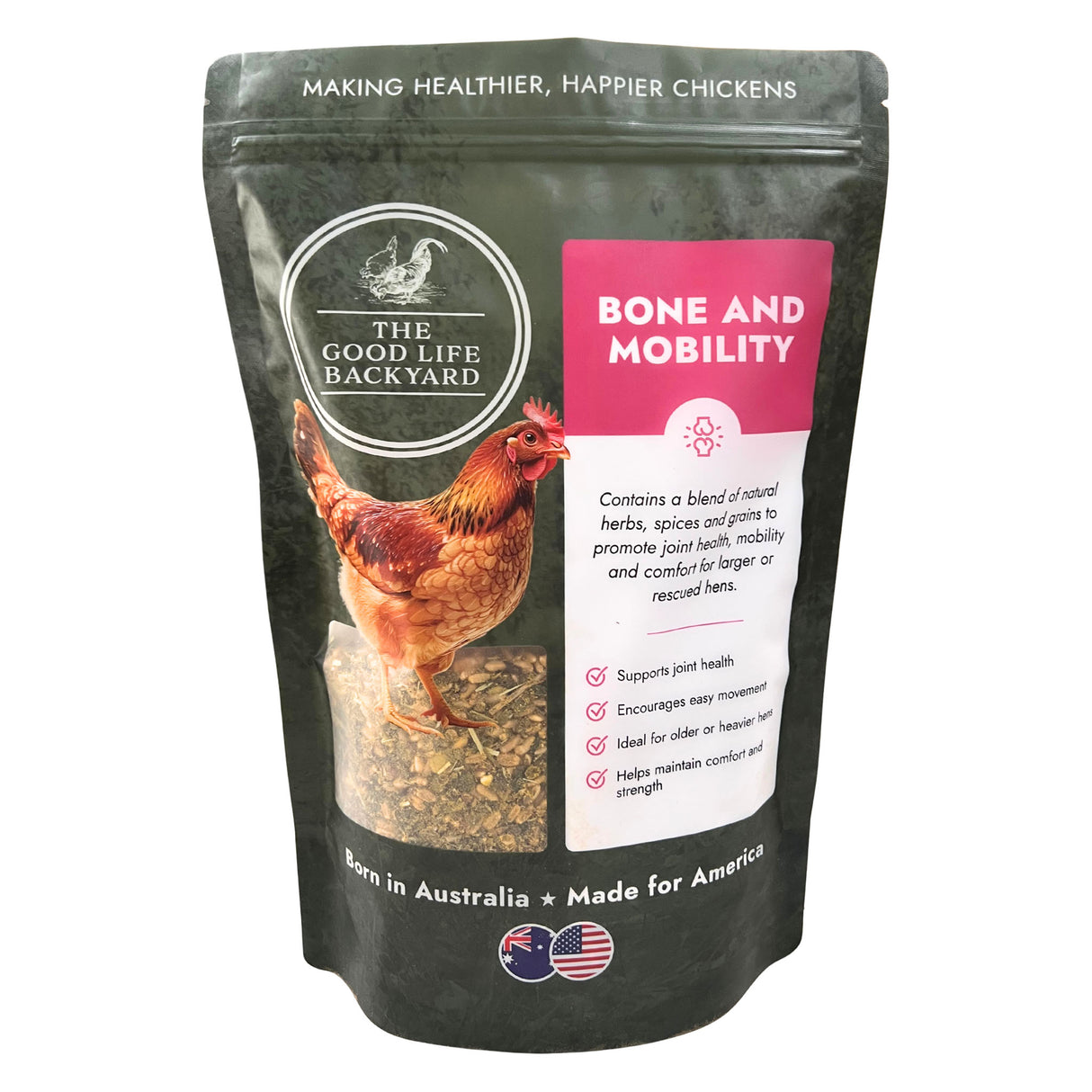 Bag of 'The Good Life Backyard' Bone and Mobility chicken supplement for bone and mobility with a chicken illustration on a white background.