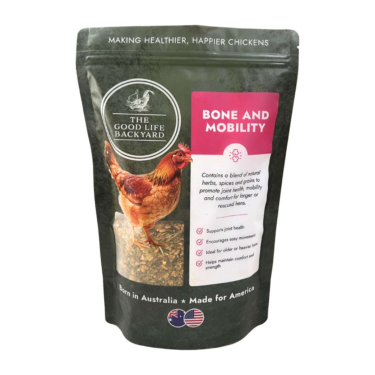 Bag of 'The Good Life Backyard' chicken supplement for bone and mobility on a white background