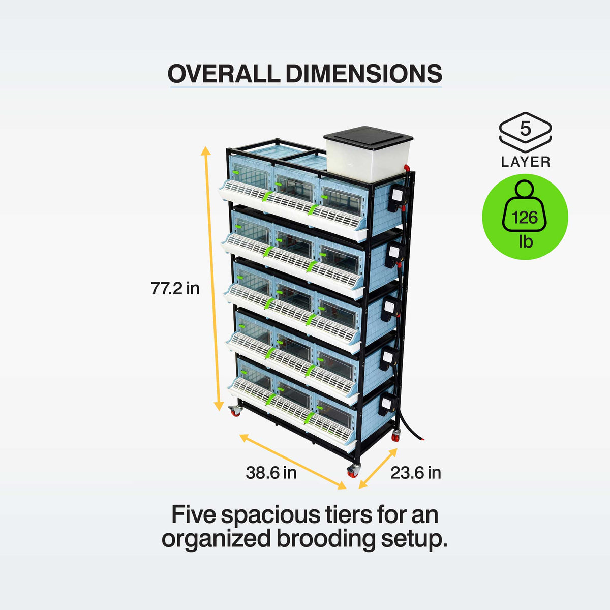 Cimuka 5-layer H9.5-inch chick brooder dimension diagram showing the height, width, and depth of the stacked poultry brooding system.