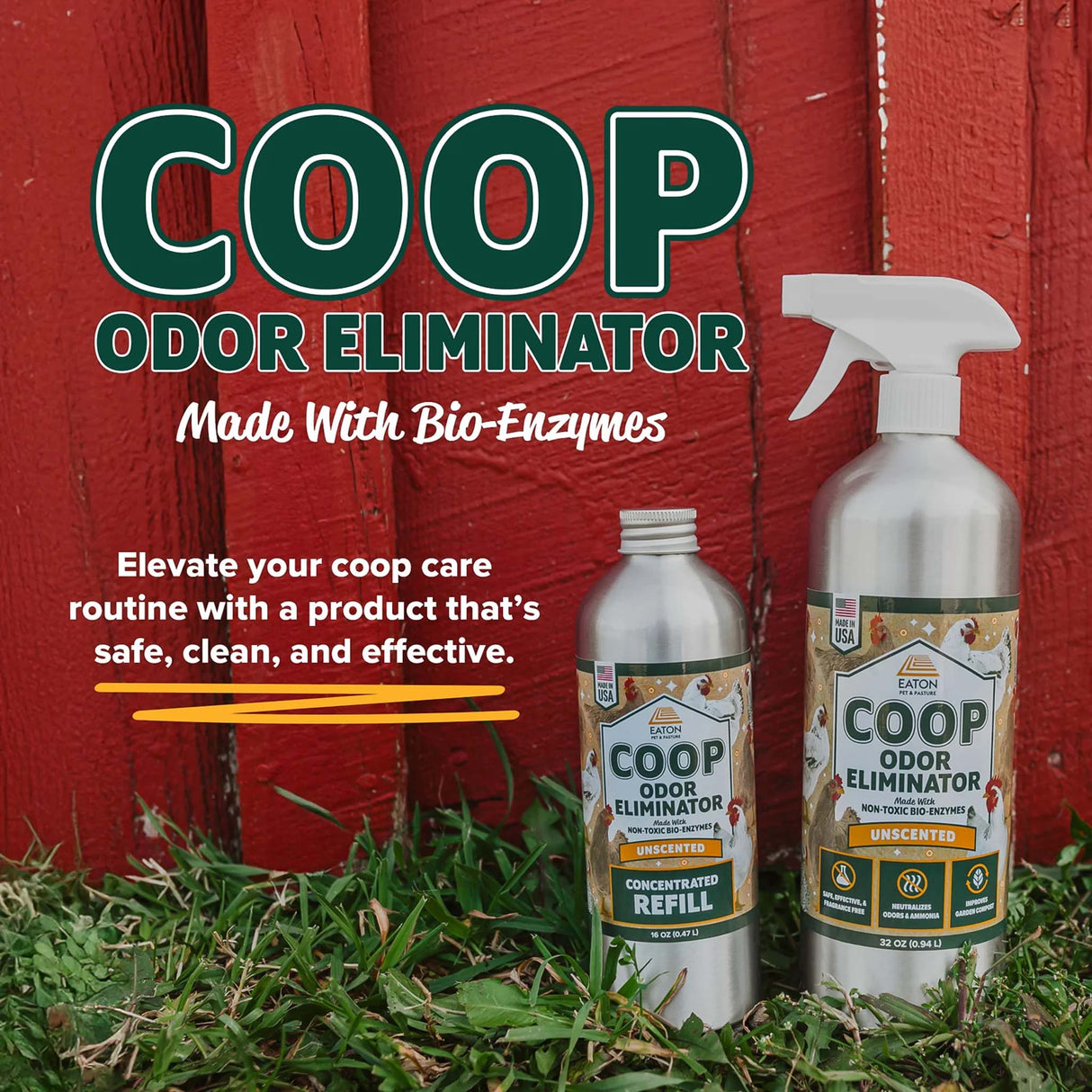Coop Odor Eliminator spray and refill bottles by Eaton Pet & Pasture – bio-enzyme formula for natural chicken coop odor control.