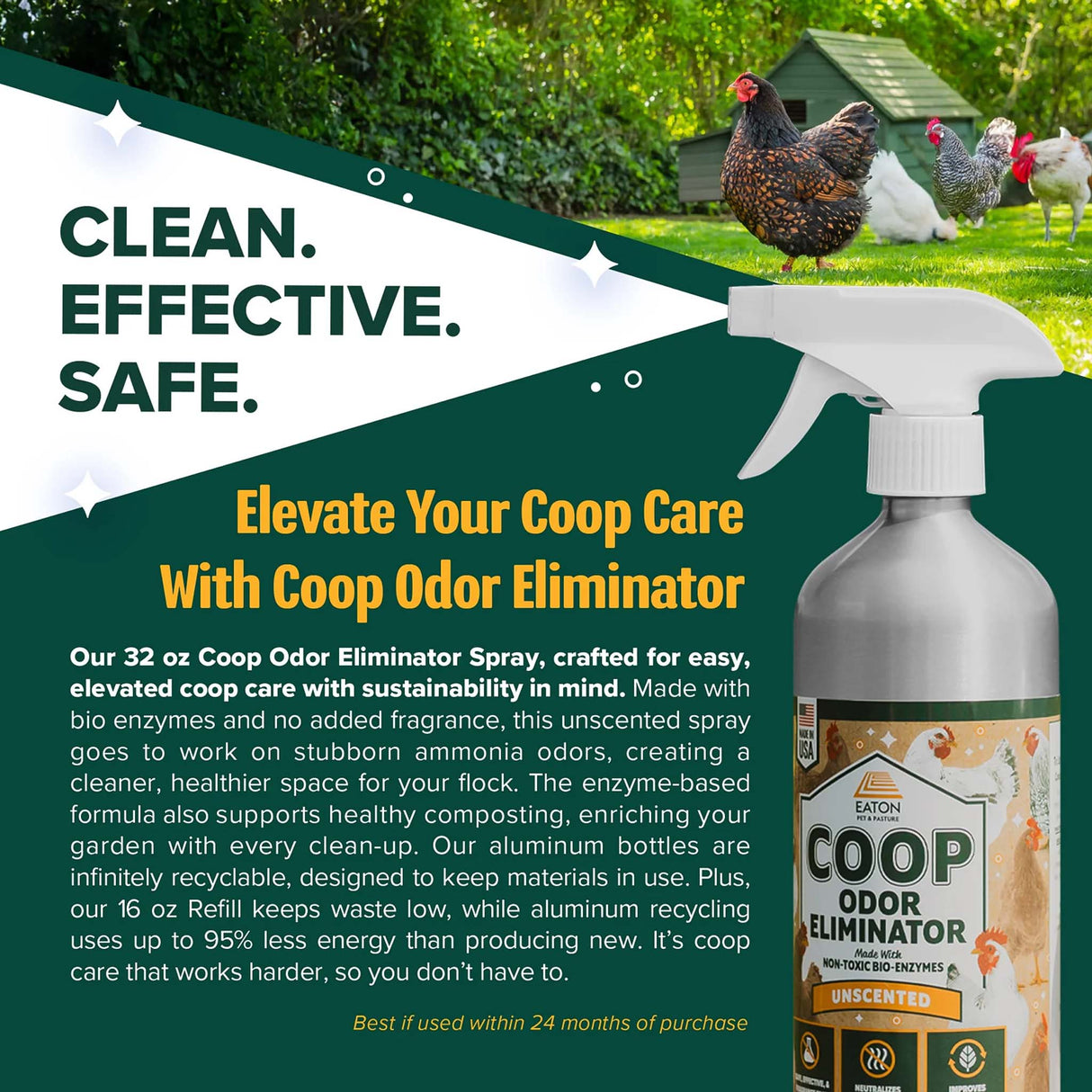 Coop Odor Eliminator Spray 32 oz – eco-friendly enzyme cleaner that neutralizes ammonia odors and promotes a cleaner, healthier coop.