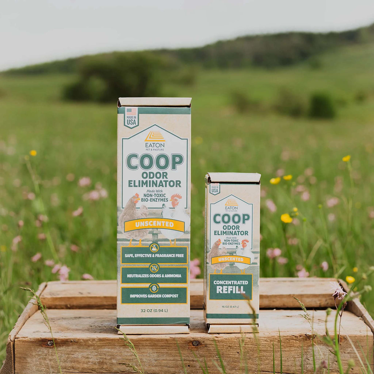 Coop Odor Eliminator Spray and Concentrated Refill boxes by Eaton Pet & Pasture – non-toxic bio-enzyme formula for natural chicken coop freshness.