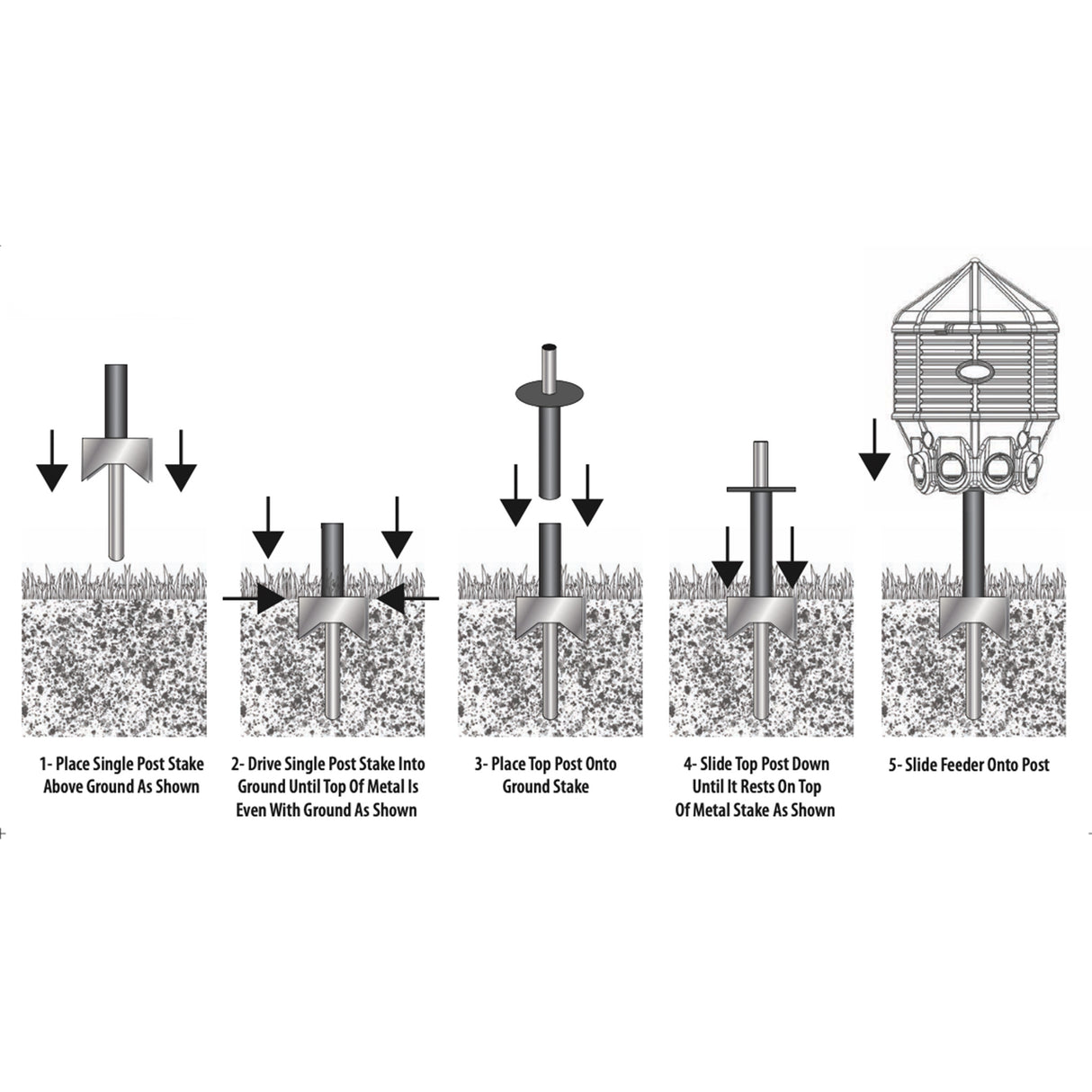 Hatching Time Coopworx 40 lb feeder silo can be seen in image in drawings for in ground stake mount installation.