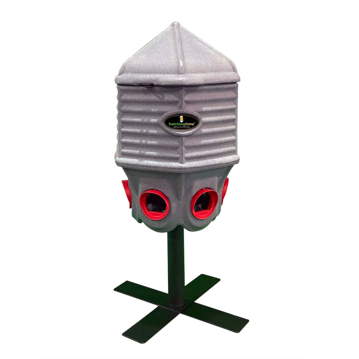 Bird feeder with a gray top and red sides on a white background