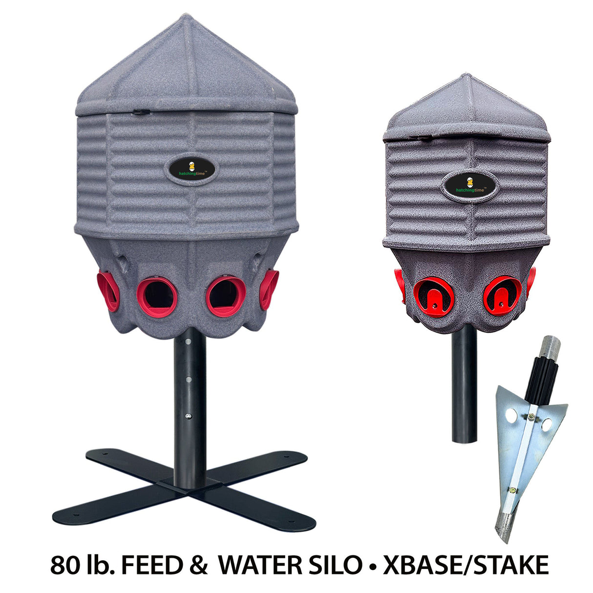A 80lb Feed Silo with a X Base next to a 8 Gallon Water Silo with a Stake