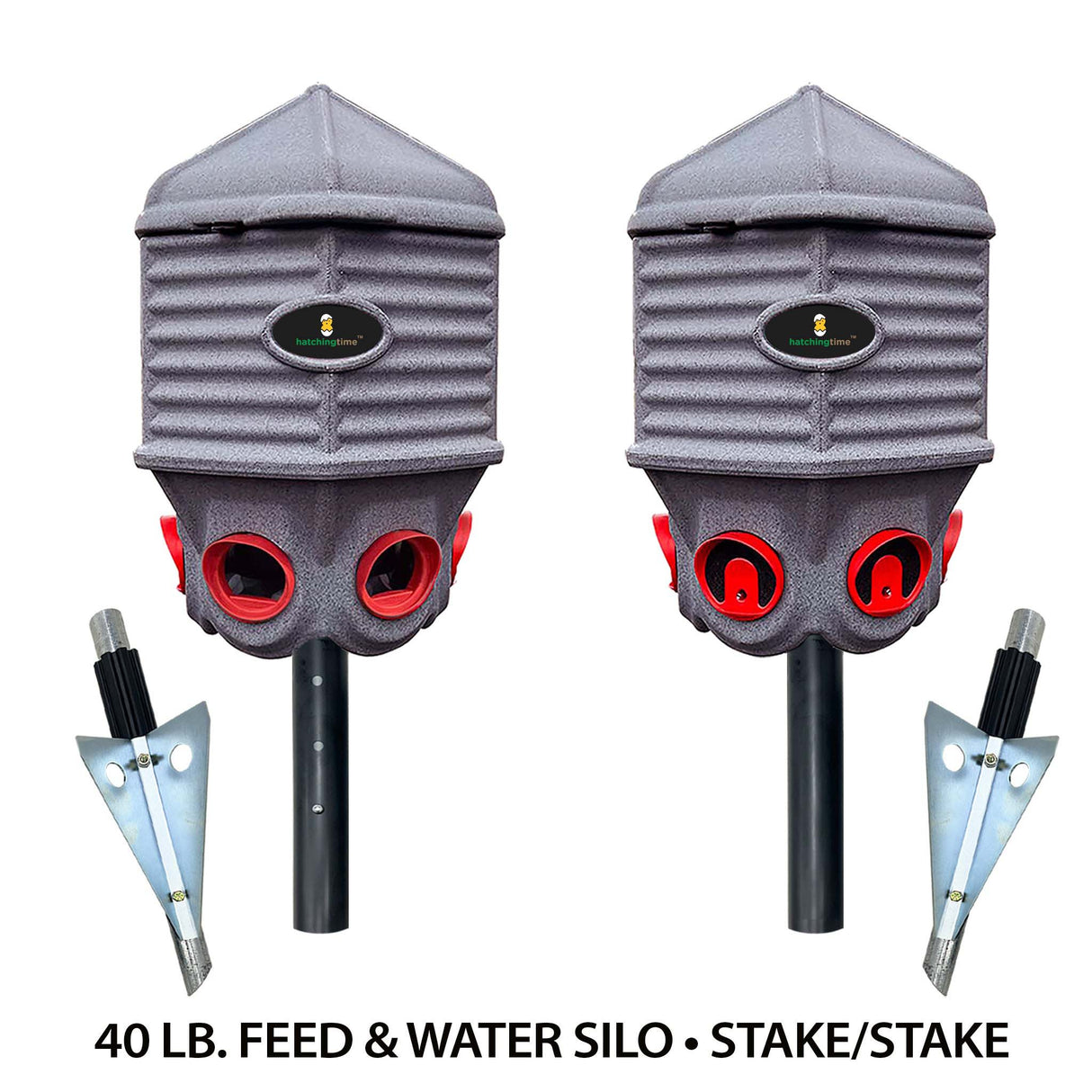 Hatching Time Coopworx. 40 Lb feed sile and 8 Gallon drinker silo are seen side by side next to Stake accessories for in ground mounting.