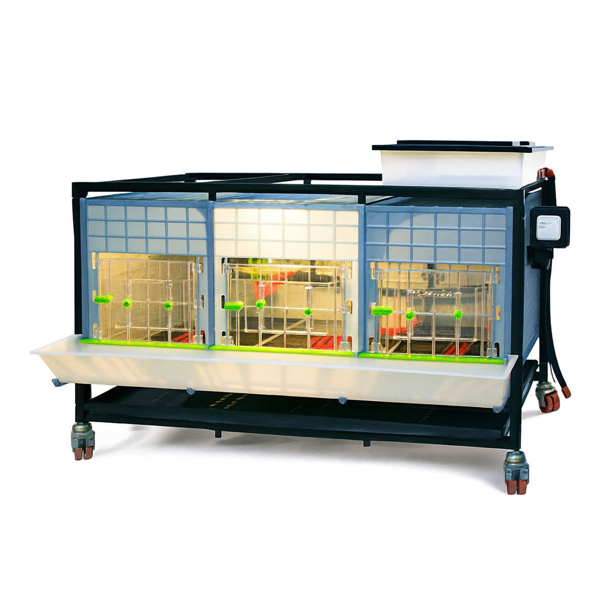 Hatching Time Cimuka 1 Layer 15 Inch Brooder front visible with light on. Feeding trough is located on front of brooders. Clear plastic doors with locks can be seen. Heater thermostat visible on side of brooders. Brooders are on Metal frame with rolling casters for mobility.