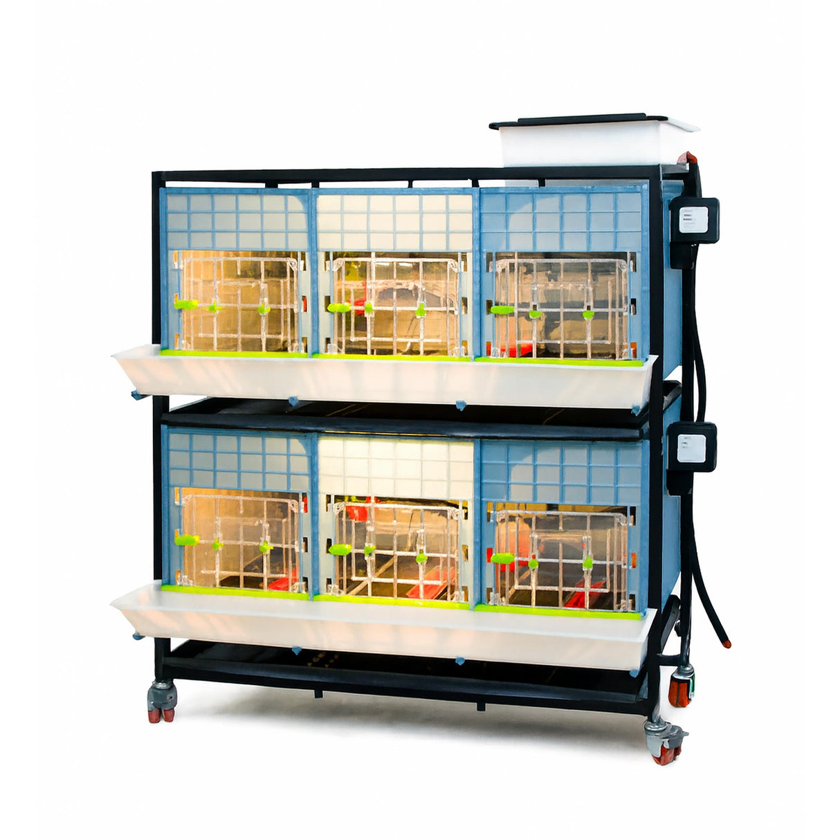 Hatching Time Cimuka 2 Layer 15 Inch Brooder front visible. Feeding trough is located on front of brooders. Clear plastic doors with locks can be seen with LED lights on inside. Heater thermostat visible on side of brooders. Brooders are on Metal frame with rolling casters for mobility.